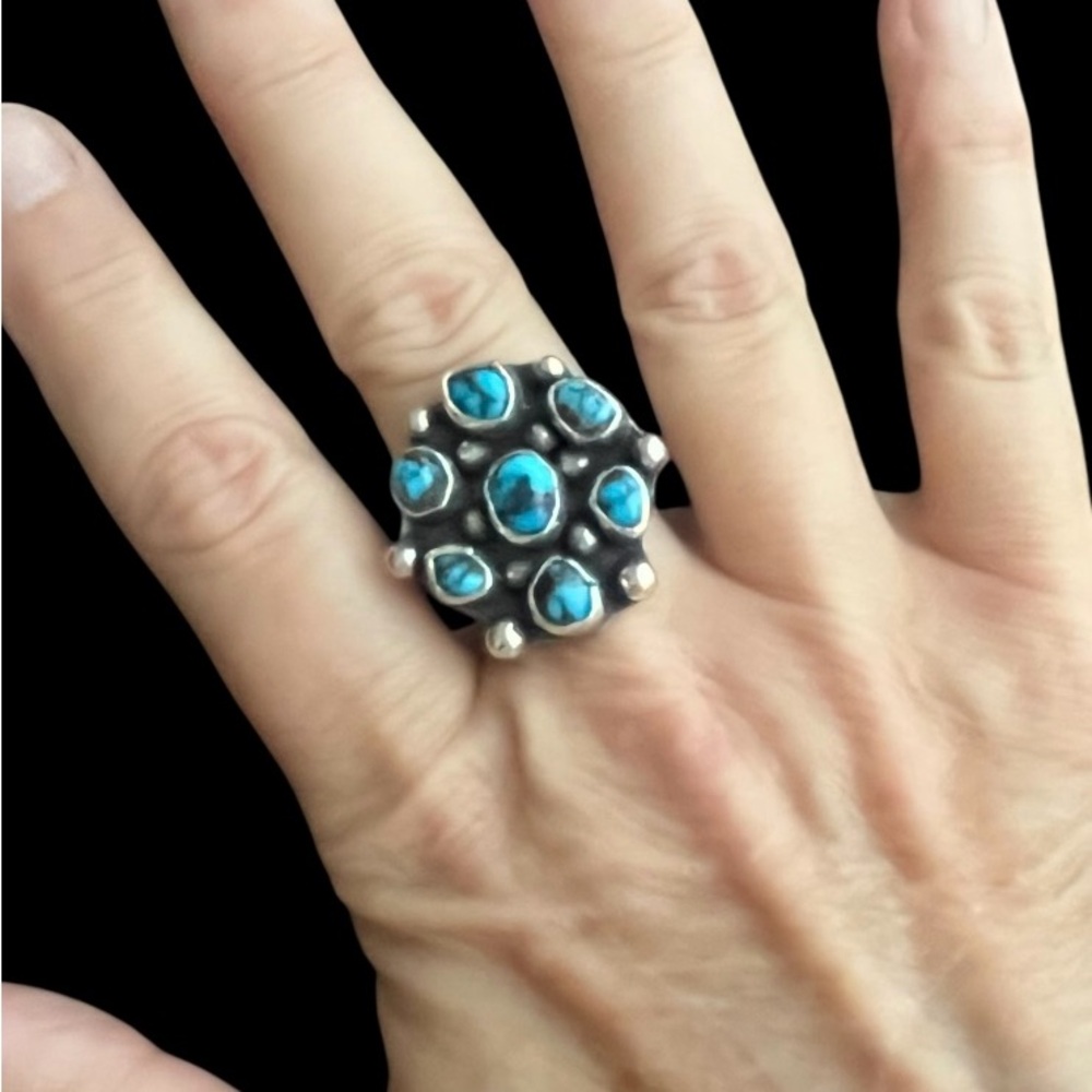 Vintage Turquoise and sterling silver cluster ring - Picture 2 of 10